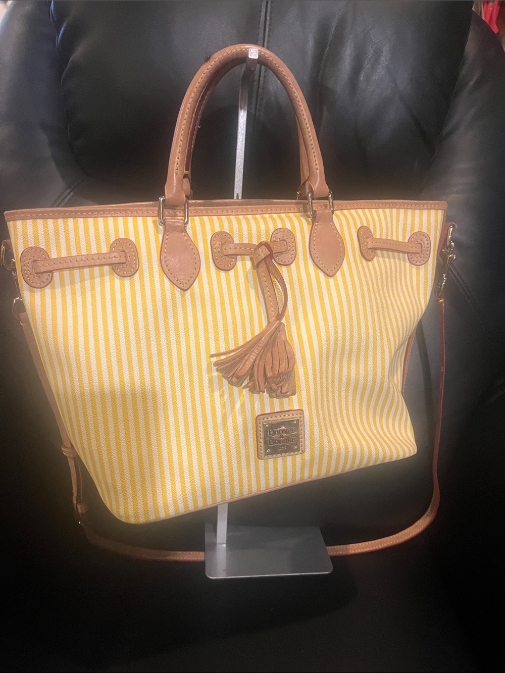 Dooney & Bourke Yellow Stripe Leather-Trim Tote with Tassel